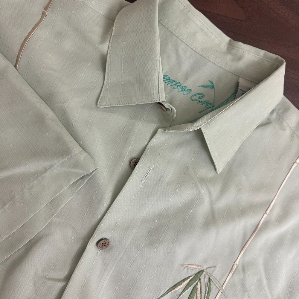 Bamboo Cay Hawaiian Shirt Sage Green Bamboo Embroidered Button Up Mens L